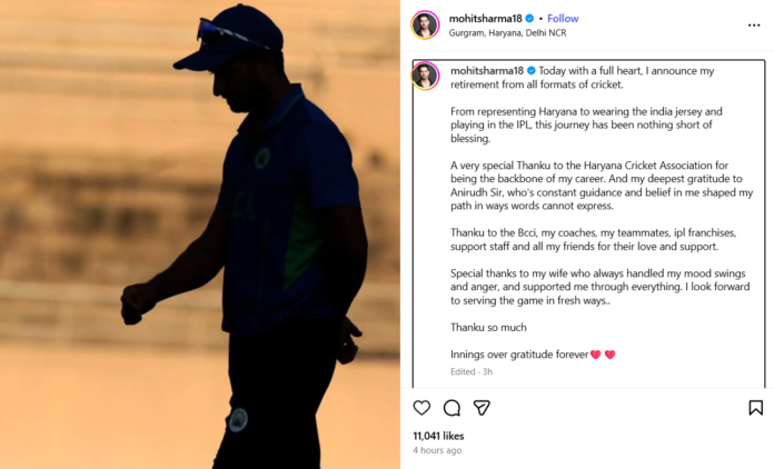 Indian Bowler Mohit Sharma Retires from All Cricket Formats